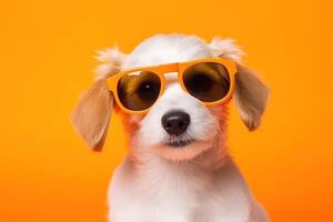 ai generiert Hündchen tragen Sonnenbrille auf Orange Hintergrund Hälfte Körper Sommer- Ferien foto