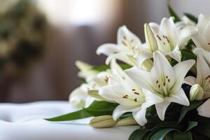 ai generiert Beerdigung Konzept Bild mit Lilie Blumen flach foto