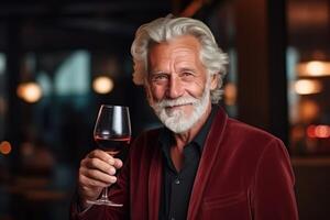 ai generiert Senior Mann mit Glas von Wein drinnen foto