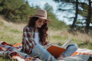 ai generiert jung Frau lesen Buch auf Picknick Decke im Feld foto