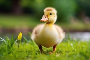 ai generiert süß flauschige Entlein auf Grün Gras draußen. Baby Tier foto