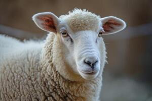 ai generiert ein Schaf ist suchen Weg von das Kamera foto