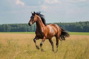 ai generiert Markieren das Bewegung und Schönheit von ein galoppierend Pferd Laufen frei foto