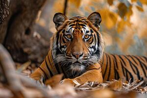 ai generiert ein Tiger Verlegung im das Wald foto