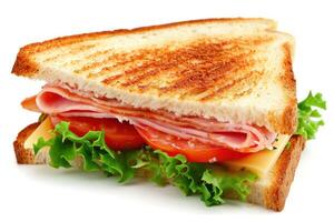 ai generiert ein Hälfte getoastet Schinken und Tomate Sandwich isoliert auf Weiß foto