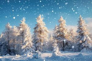 ai generiert schneebedeckt Bäume unter ein Blau Himmel mit Schnee Startseite auf das Boden foto