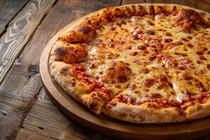 ai generiert ein groß Pizza Sitzung auf ein hölzern Oberfläche foto