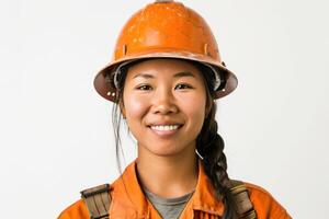 ai generiert asiatisch Frau Konstruktion Arbeiter auf ein Weiß Hintergrund lächelnd foto