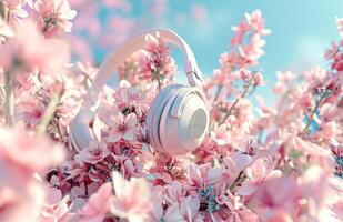 ai generiert Kopfhörer Über Blumen im das Luft. foto