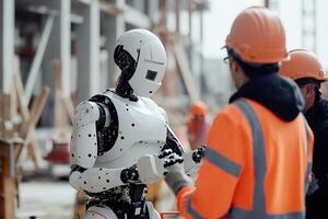 ai generiert ein Humanoid Roboter im Arbeiter Kleidung, beim ein Konstruktion Seite? ˅ umgeben durch Maschinen und Strukturen. foto