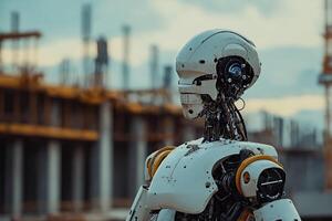 ai generiert ein Humanoid Roboter im Arbeiter Kleidung, beim ein Konstruktion Seite? ˅ umgeben durch Maschinen und Strukturen. foto