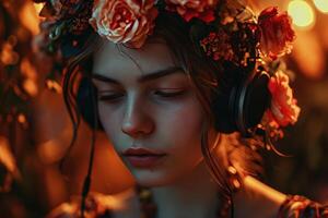 ai generiert das Mädchen mit Blumen auf ihr Kopf ist Hören zu Musik- foto