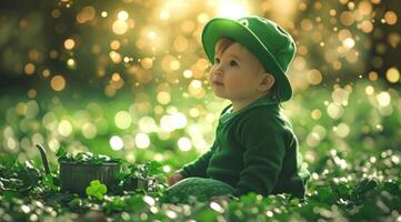 ai generiert ein Baby Sitzung im Vorderseite von Smaragde und Eimer auf st Patricks Tag foto