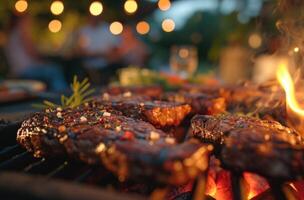 ai generiert ein Grill Grill mit Steaks foto