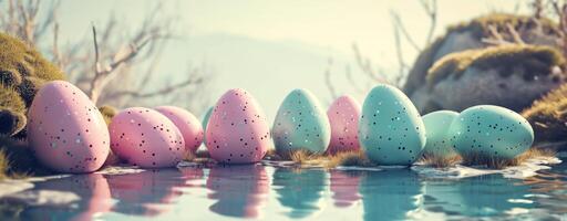 ai generiert ein Gruppe von bunt Ostern Eier Stand neben ein Teich foto