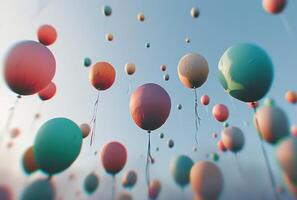 ai generiert ein bunt Gruppe von Luftballons schweben gegen ein Blau Hintergrund. foto