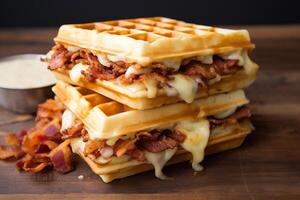 ai generiert knusprig Verschmelzung Gourmet Zutaten im Waffel Sandwich bilden foto