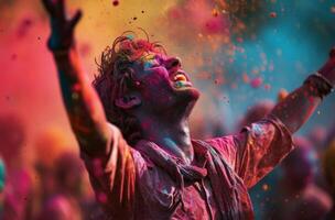 ai generiert ein bunt Mann feiern holi mit Pulver foto