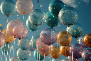 ai generiert ein bunt Gruppe von Luftballons schweben gegen ein Blau Hintergrund. foto