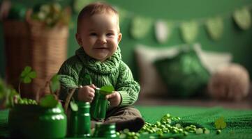 ai generiert ein Baby Sitzung im Vorderseite von Smaragde und Eimer auf st Patricks Tag foto