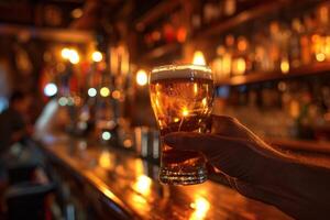 ai generiert ein Barmann hält oben ein Glas von Bier im Vorderseite von ein Bar foto