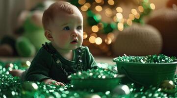 ai generiert ein Baby Sitzung im Vorderseite von Smaragde und Eimer auf st Patricks Tag foto