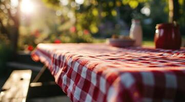 ai generiert ein Picknick Tabelle mit ein rot und Weiß Tischdecke foto