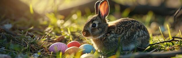 ai generiert ein Hase ist Sitzung mit farbig Eier durch es auf Gras foto