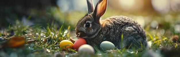 ai generiert ein Hase ist Sitzung mit farbig Eier durch es auf Gras foto