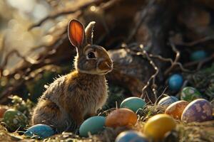 ai generiert ein Hase ist Sitzung mit farbig Eier durch es auf Gras foto