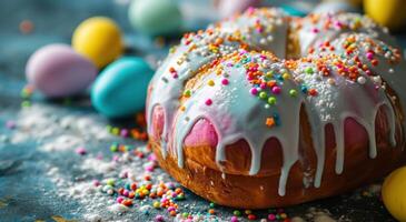 ai generiert ein Ostern Brot ist dekoriert mit Eier und farbig Glasur. foto