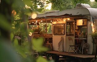 ai generiert ein Wohnung Anhänger gelegen draußen im ein Park, im das Stil von naturalistisch Charme foto