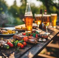 ai generiert Grill Grill Bier Trinken mit freunde draußen foto