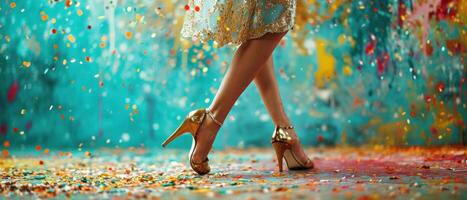 ai generiert ein Frau trägt Absätze und Gold Schuhe und ist Stehen im Vorderseite von ein bunt Hintergrund von Konfetti foto