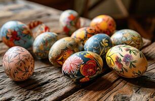 ai generiert Ostern Eier gemalt durch Menschen, im das Stil von exquisit Handwerkskunst foto