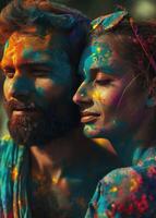 ai generiert Paare feiern das holi Farbe Festival. foto