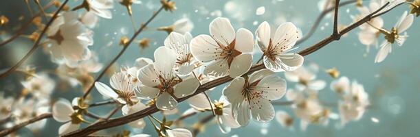 ai generiert Kirsche blühen im Frühling im Natur auf Blau Hintergrund foto