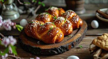 ai generiert Ostern Gebäck mit Ostern Eier, Gebäck und Kekse foto