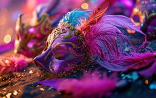 ai generiert bunt Karneval Masken mit Gefieder auf ein lila Hintergrund foto
