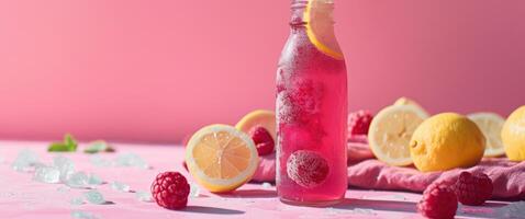 ai generiert ein Flasche von Himbeere und Zitrone Getränke auf ein Rosa Hintergrund foto