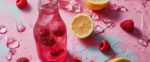ai generiert ein Flasche von Himbeere und Zitrone Getränke auf ein Rosa Hintergrund foto