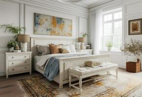ai generiert neutral Schlafzimmer gefüllt mit Weiß Möbel foto