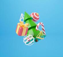 neues Jahr und Weihnachten 3D-Design. realistische Geschenkbox, Weihnachtstannenbaum, Ball, Süßigkeiten und dekorative Elemente. 3D-Renderbild von Weihnachtsferien