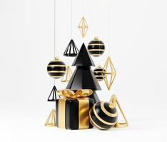 Luxus-Weihnachten 3D-Render-Banner oder Grußkarte. moderne minimale Neujahrs- und Weihnachtsdekoration in Gold und Schwarz mit Baum, Süßigkeiten, Ball, Geschenkbox auf schwarzem Hintergrund foto