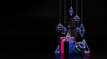 Frohe Weihnachten und guten Rutsch ins neue Jahr holographisches Element 3D-Rendering-Konzept. Weihnachtseleganz schillerndes und holografisches trendiges Design Weihnachtskiefer Tanne für Grußkarten, Banner-Plakate oder Poster
