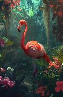 ai generiert ein Rosa Flamingo im das Urwald foto