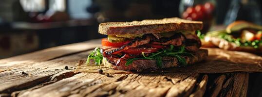 ai generiert ein Fleisch Sandwich auf hölzern Tabelle oben foto