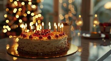 ai generiert ein groß Geburtstag Kuchen mit mehrere Kerzen Sitzung Nieder auf ein Tabelle foto