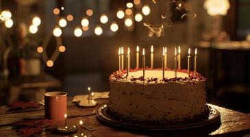 ai generiert ein groß Geburtstag Kuchen mit mehrere Kerzen Sitzung Nieder auf ein Tabelle foto