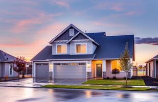 ai generiert ein Zuhause beim Sonnenuntergang mit ein Garage befestigt zu es foto